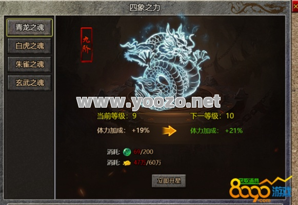 传奇SF中的四象之力每次升级提升多少点数？